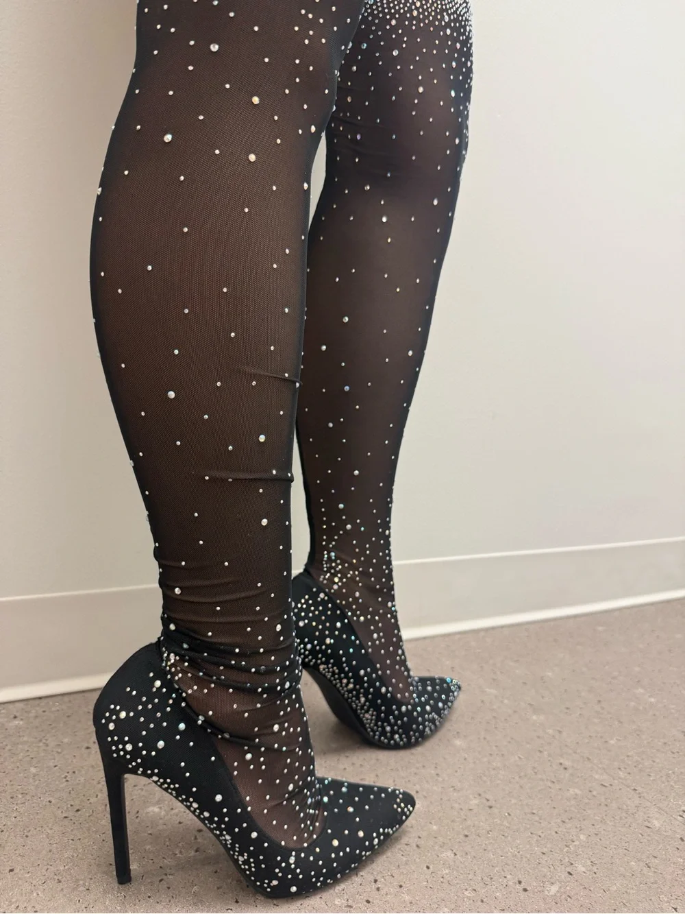 Liliana Black Rhinestone Thigh-High Sheer Stocking Heels - Size 9